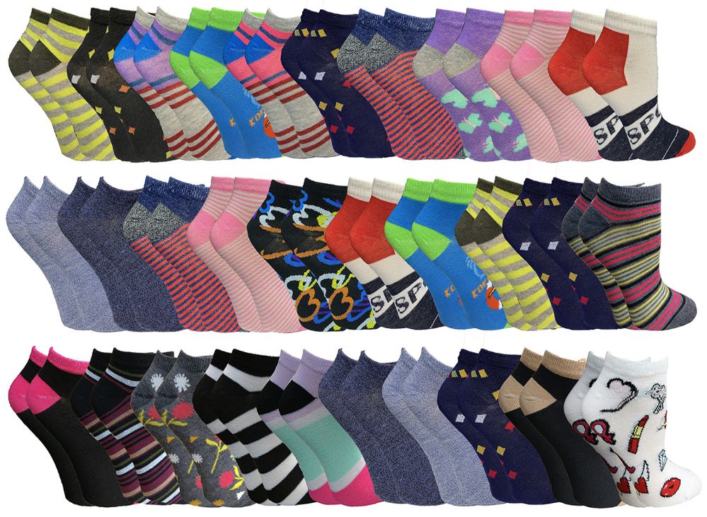 60 Wholesale Yacht & Smith Womens Low Cut, No Show Ankle Footie Casual Sock Fun Socks Assorted Printed Ankle Socks Size 9-11
