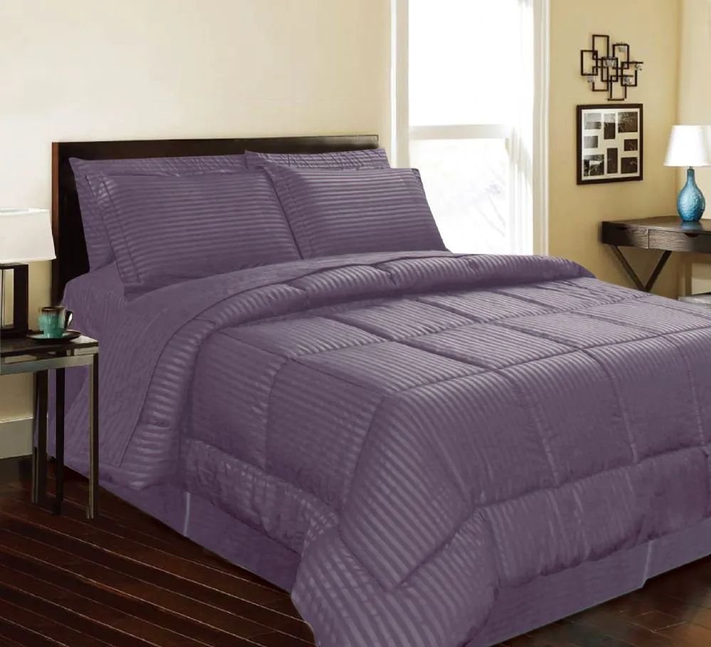 3 Sets 8 Piece Embossed Stripe Bed In A Bag Queen Size In Plum - Comforters & Bed Sets