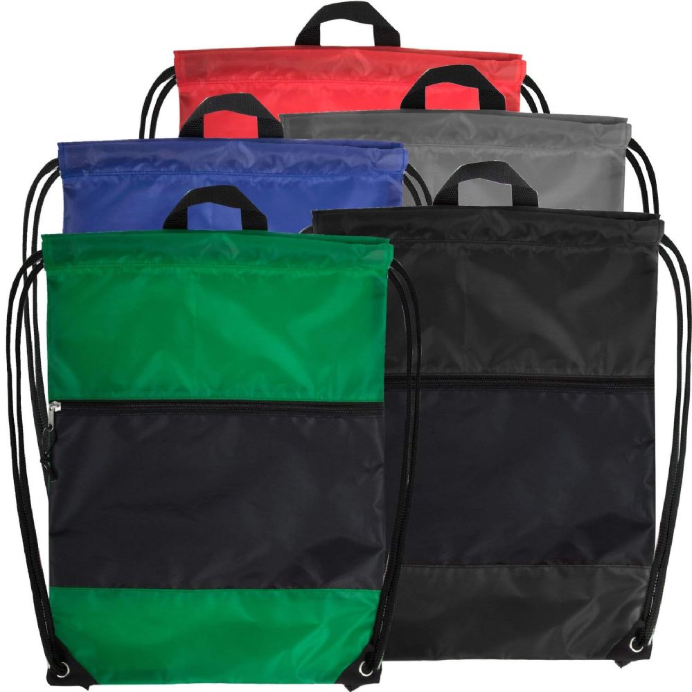 48 Wholesale 18 Inch Drawstring Bag Large Zippered Section - 5 Colors