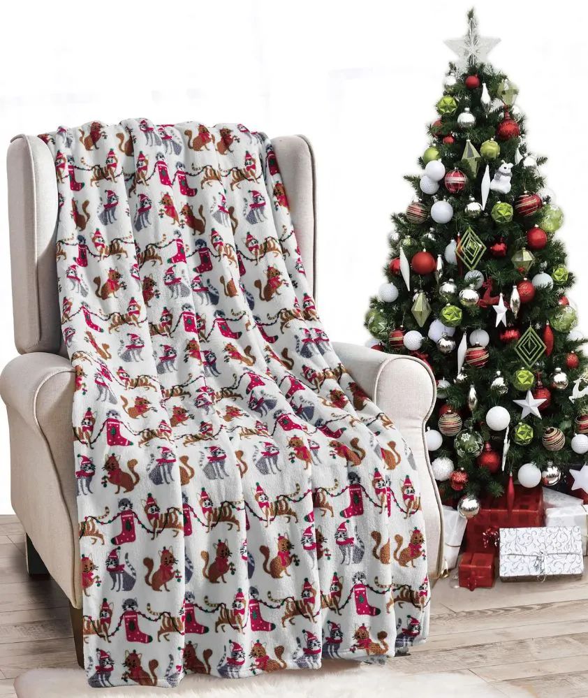 24 Wholesale Christmas Cats Throw White Holiday Design Micro Plush Throw Blanket 50x60 Multicolor
