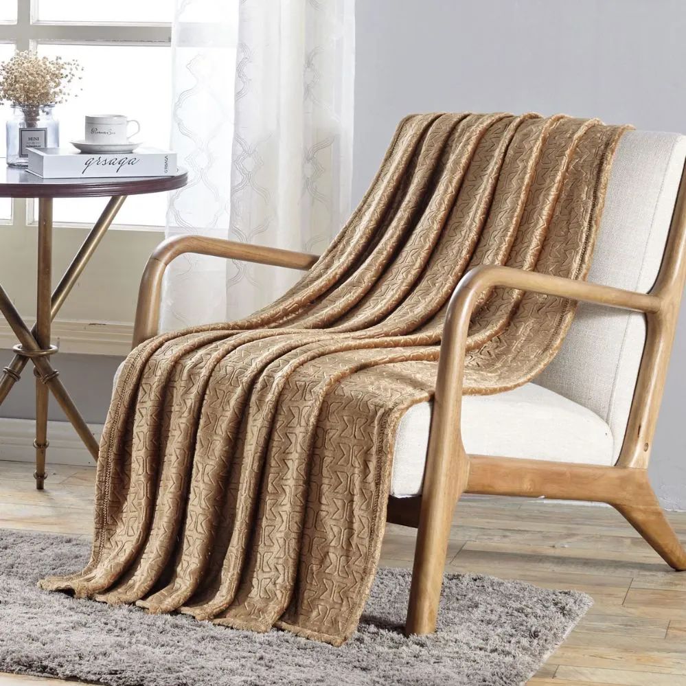 12 Wholesale Sabina Embossed Geometric Pattern Soft Flannel Throw Blanket 50x60 In Tan