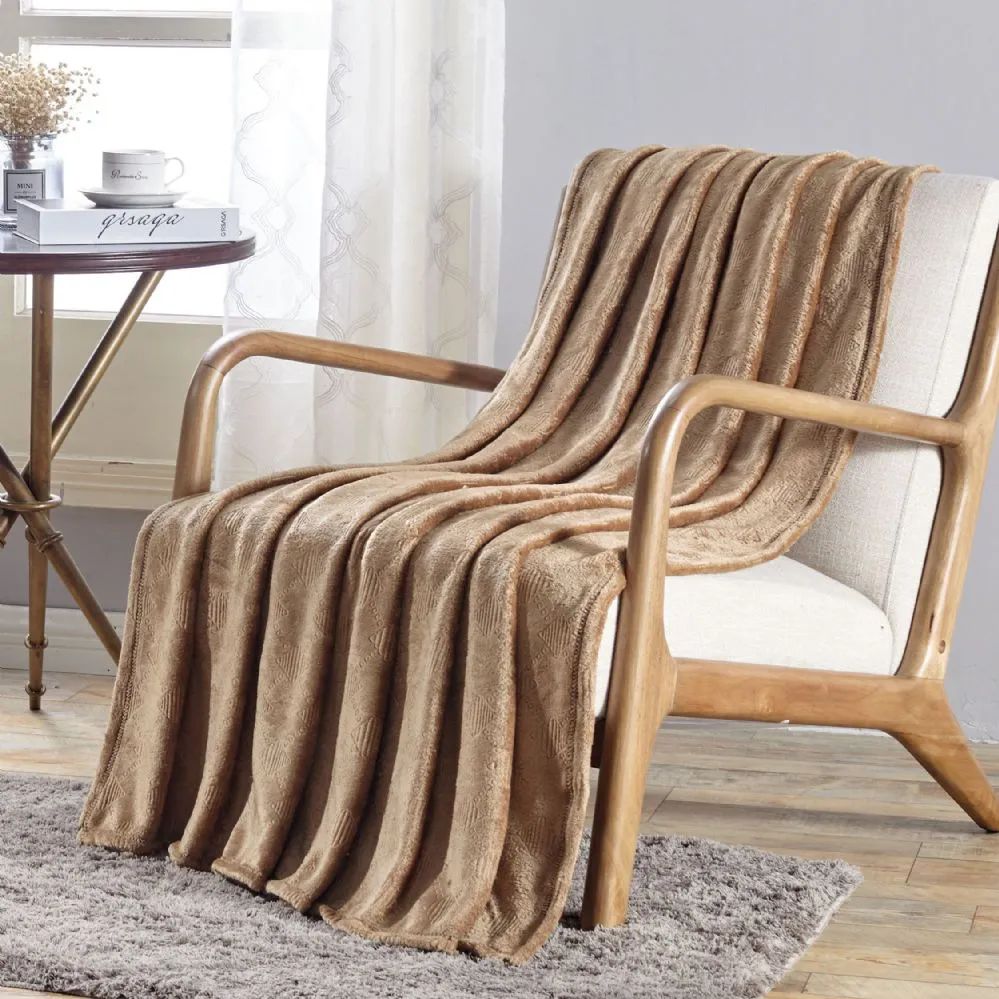 12 Wholesale Santorini Embossed Geometric Pattern Comfort And Soft Throw Blanket In Tan