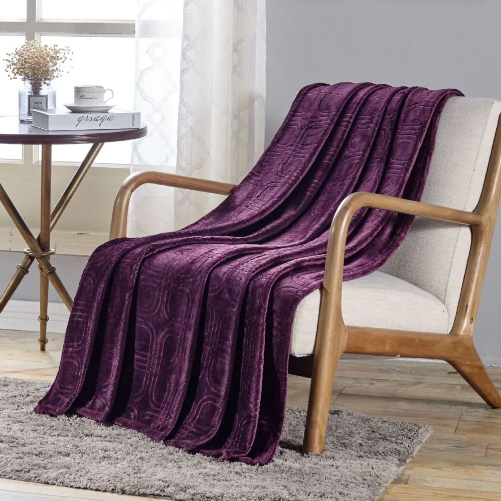 12 Wholesale Cedar Embossed Geometric Pattern Soft And Cozy Throw Blanket In Plum
