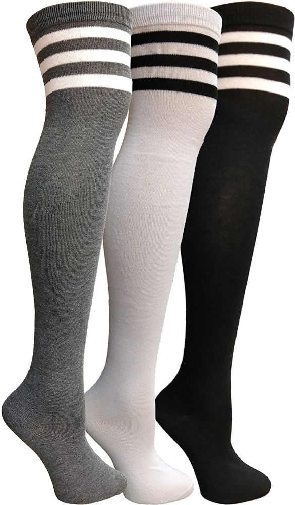 3 Wholesale Yacht & Smith Womens Over The Knee Socks Referee Style Thigh High Knee Socks Striped Black, White And Gray