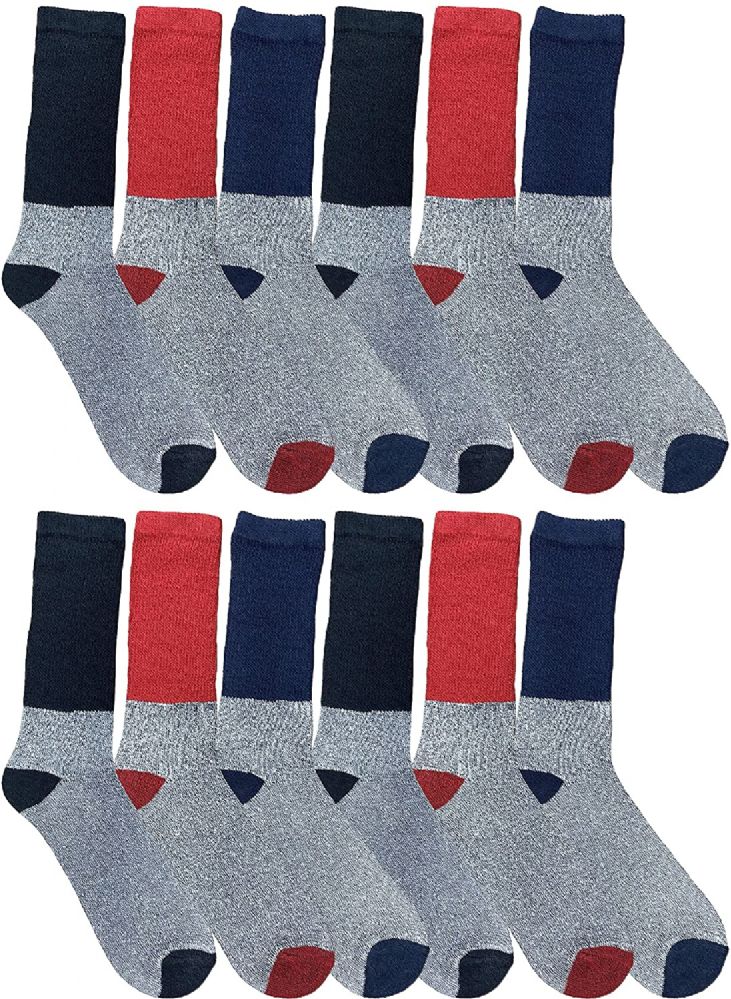 12 Pairs of Yacht & Smith Men's Cotton Diabetic Assorted Colors Thermal Crew Socks Size 10-13