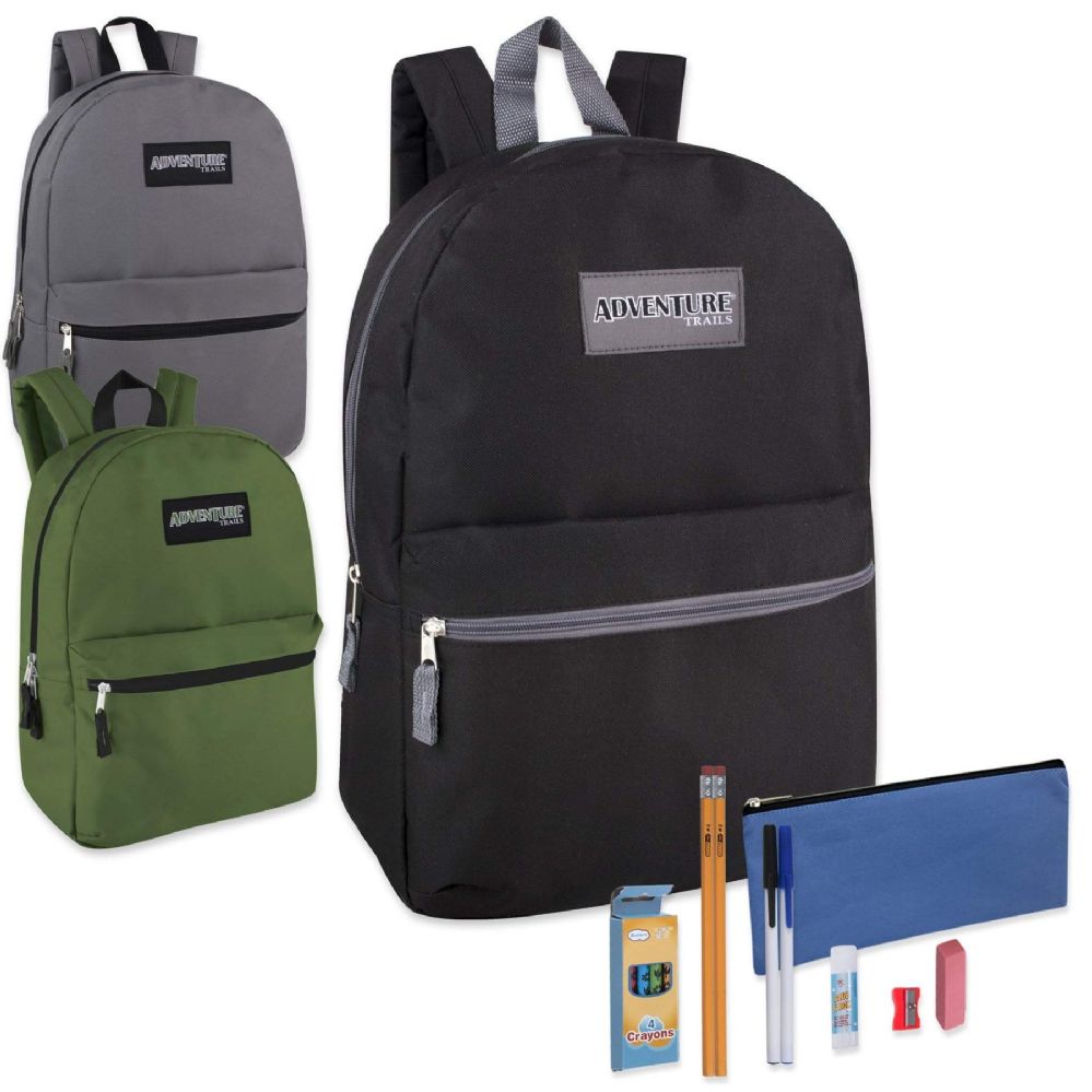 24 Wholesale Preassembled 17 Inch Adventure Trails Backpack And 12 Piece School Supply Kit 3 Colors