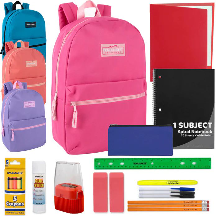 24 Pieces of 17" Classic Backpack With 20-Piece School Supply Kit - Girls Colors