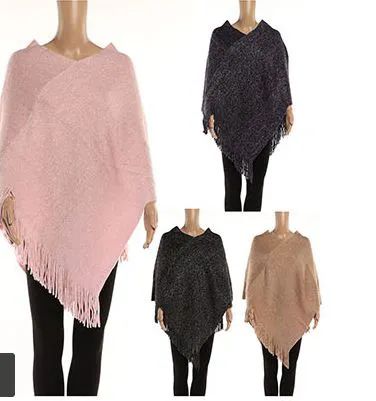 24 Wholesale Womens Solid Polyester Winter Cape In Assorted Colors