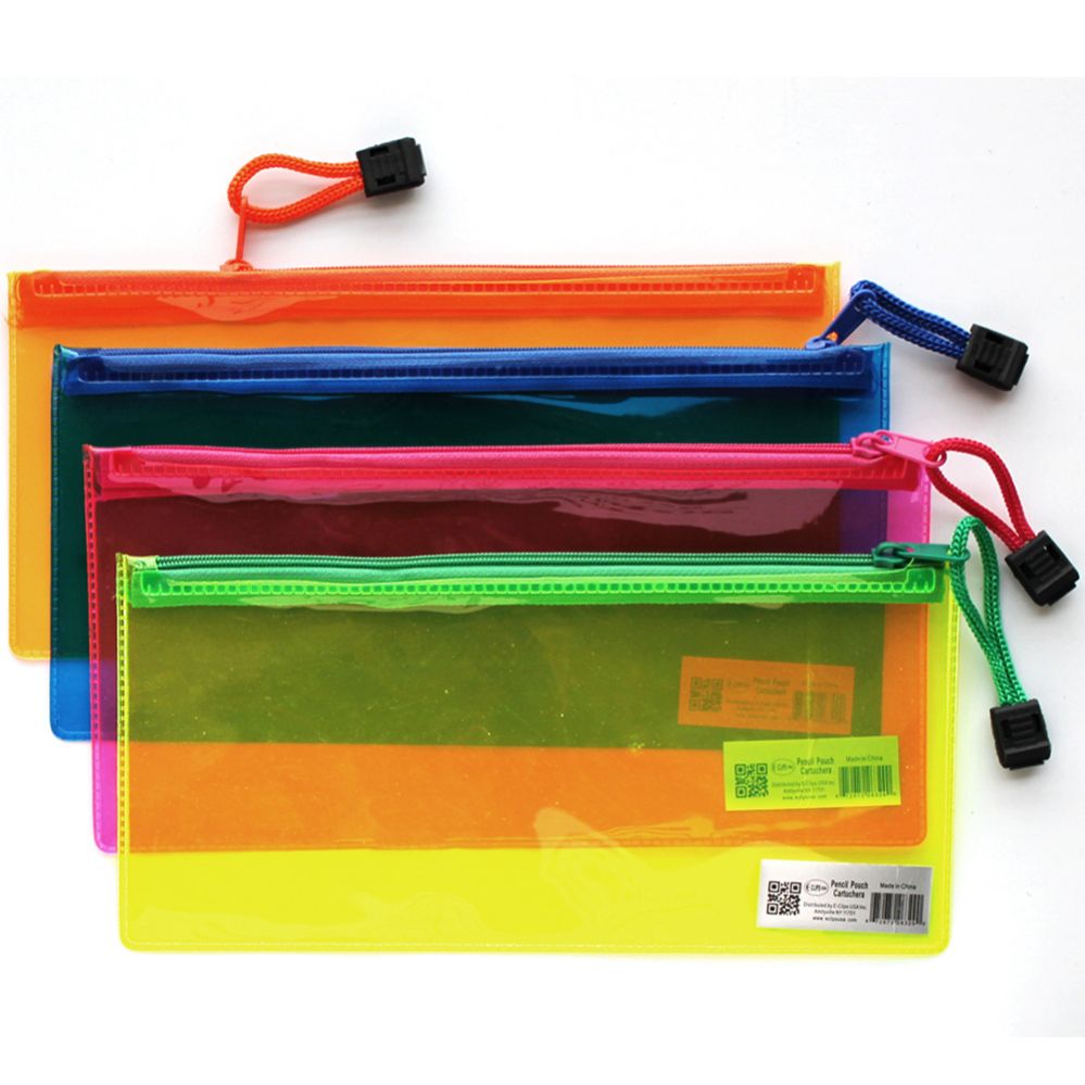 96 Pieces of PVC Zipper pencil pouch, assorted neon colors