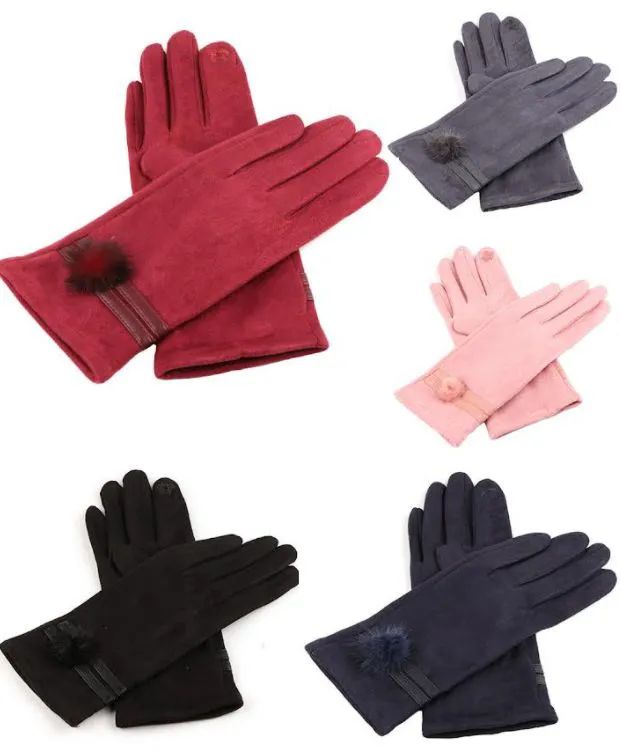 36 Wholesale Women Suede Like Winter Gloves With Fur Pom Pom