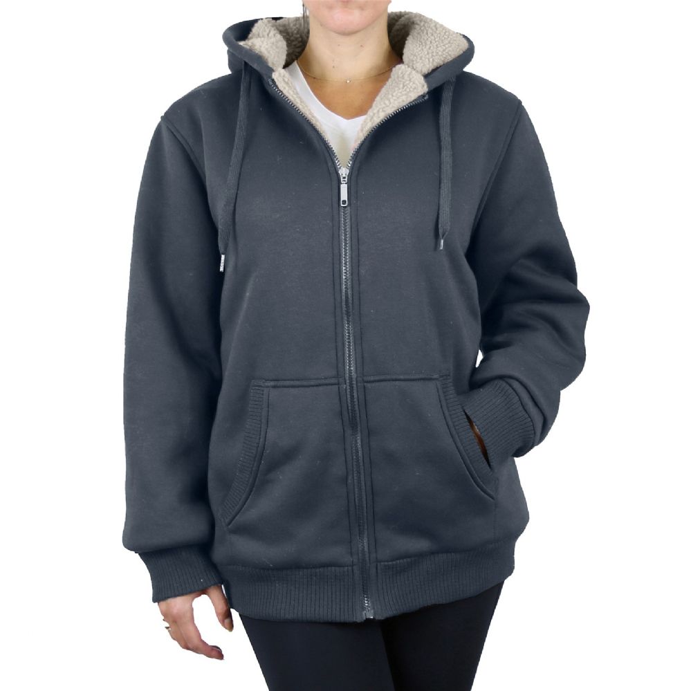 12 Pieces of Women's Loose Fit Oversize Full Zip Sherpa Lined Hoodie Fleece - Charcoal Size Small