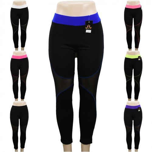 12 Pieces of Black Yoga Pants With Mesh And Colored Accents Assorted
