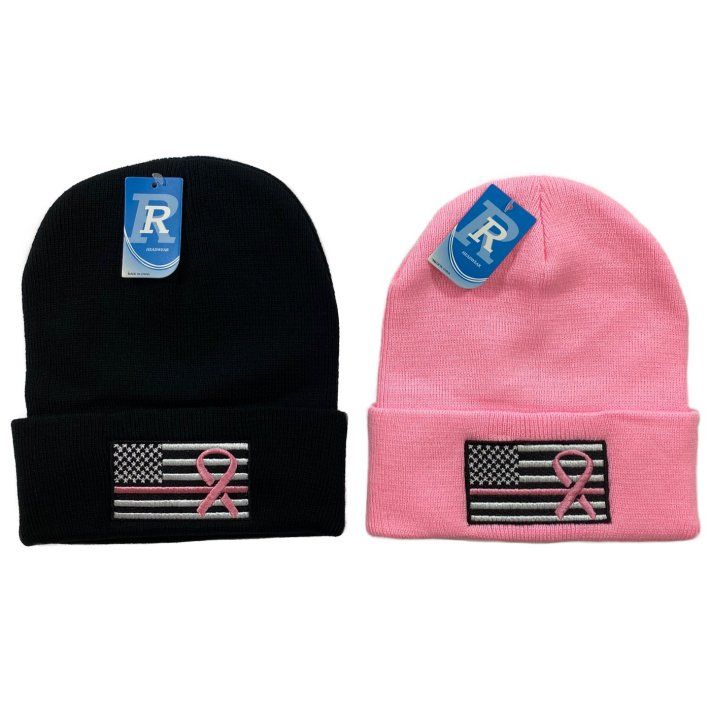 48 Wholesale Embroidered Knitted Cuff Hat [flag With Pink Ribbon]