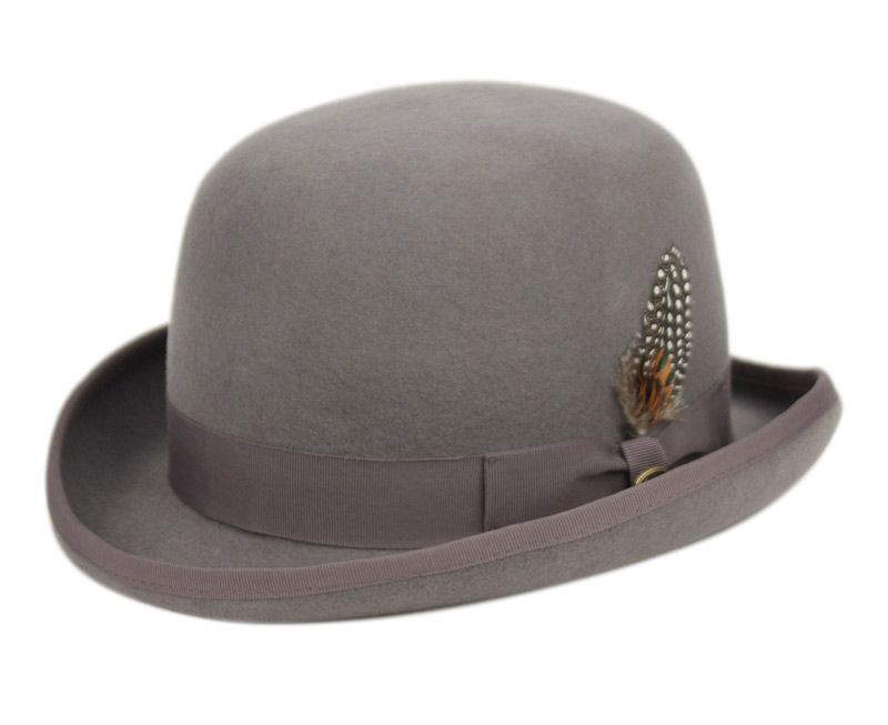 6 Wholesale Round Crown Bowler Felt Hats With Grosgrain Band In Gray