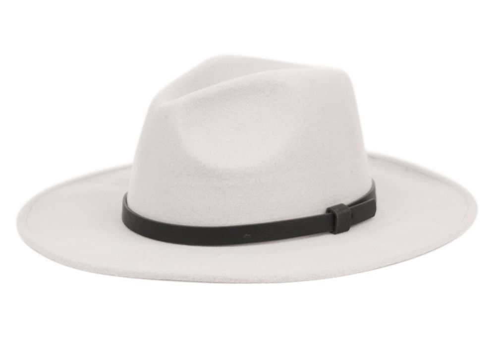 24 Wholesale Polyester Felt Fedora With Faux Leather Light Gray