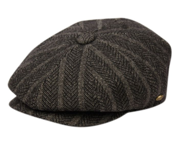 12 Pieces Herringbone Wool Blend Stripe Newsboy Cap With Quilted Lining In Black - Fedoras, Driver Caps & Visor