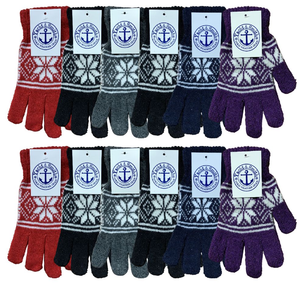 12 Wholesale 12 Pairs Of Winter Gloves Mens Womens And Kids - Thermal Knit Stretchy Fuzzy Bulk Glove Colors (womens Snow Print)