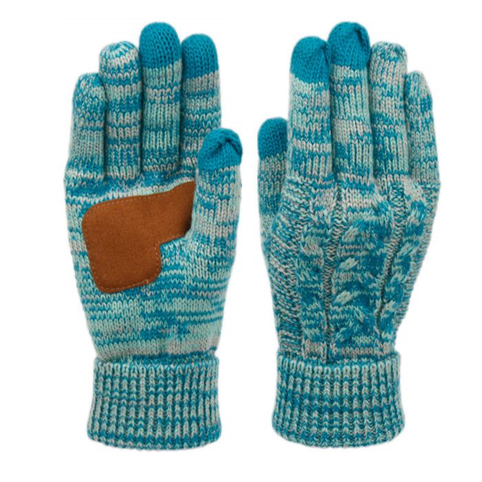 12 Wholesale Ladies Cable Knit Winter Glove With Screen Touch And Suede Palm Patch In Multi Teal