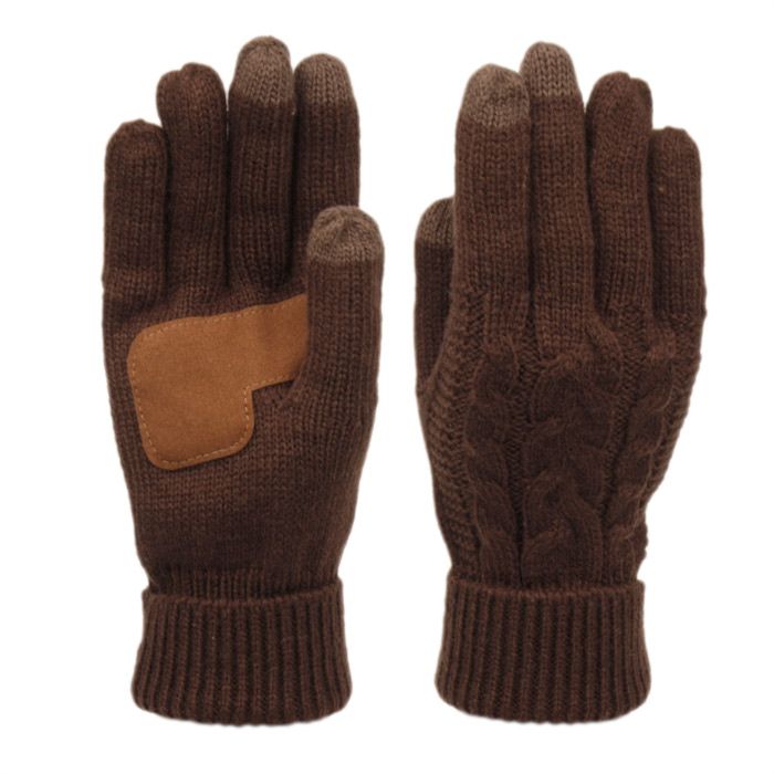 12 Wholesale Ladies Cable Knit Winter Glove With Screen Touch And Suede Palm Patch In Brown