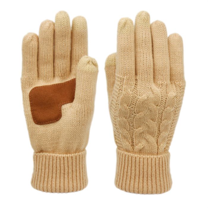 12 Wholesale Ladies Cable Knit Winter Glove With Screen Touch And Suede Palm Patch In Khaki
