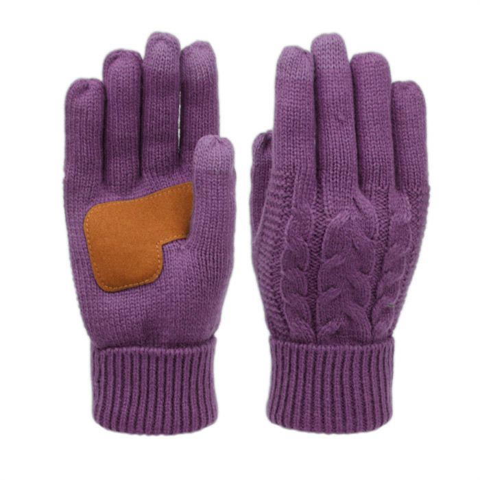 12 Wholesale Ladies Cable Knit Winter Glove With Screen Touch And Suede Palm Patch In Purple