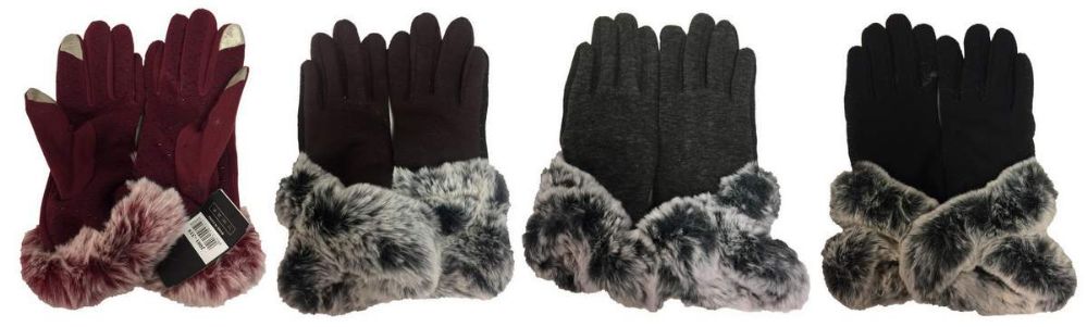24 Wholesale Winter Touch Gloves Solid Color With Faux Fur