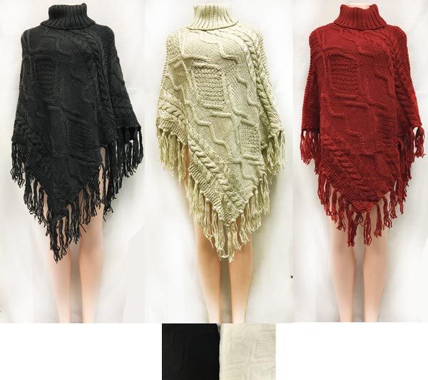 12 Wholesale Cable Knitted Turtle Neck Ponchos Assorted