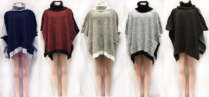12 Wholesale Turtle Neck Bi Color Poncho Sweater Cover Ups Assorted