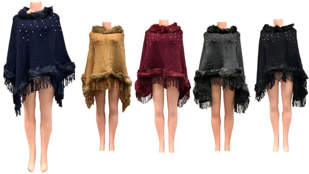 12 Wholesale Solid Color Faux Fur Ponchos With Pearl Beaded Assorted