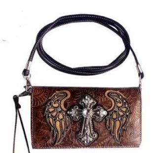 6 Pieces of Brown Cross With Wing Design Wallet Purse With Strap
