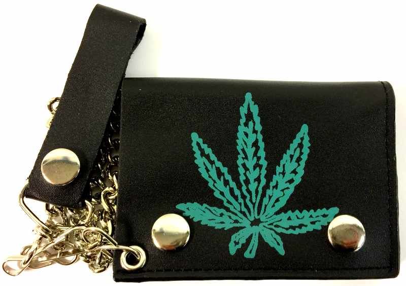 12 Pieces of Single Green Marijuana Leaf Leather Trifold Chain Wallet