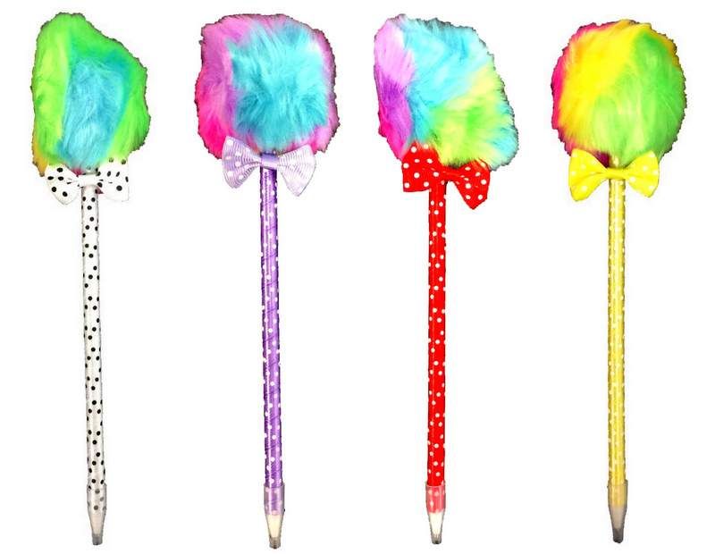 96 Wholesale Polka Dot Pen With Rainbow Color Furry Top And Bow Ties