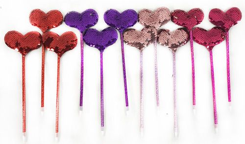 96 Wholesale Double Sided Sequins Heart Pen Assorted Colors