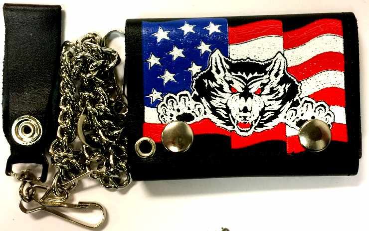 12 Pieces of Wolf And Usa Flag Tri Fold Chain Leather Wallet
