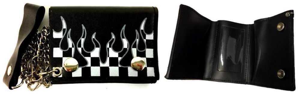 12 Pieces of TrI- Fold Leather Chain Wallet Checkered Racing Flames