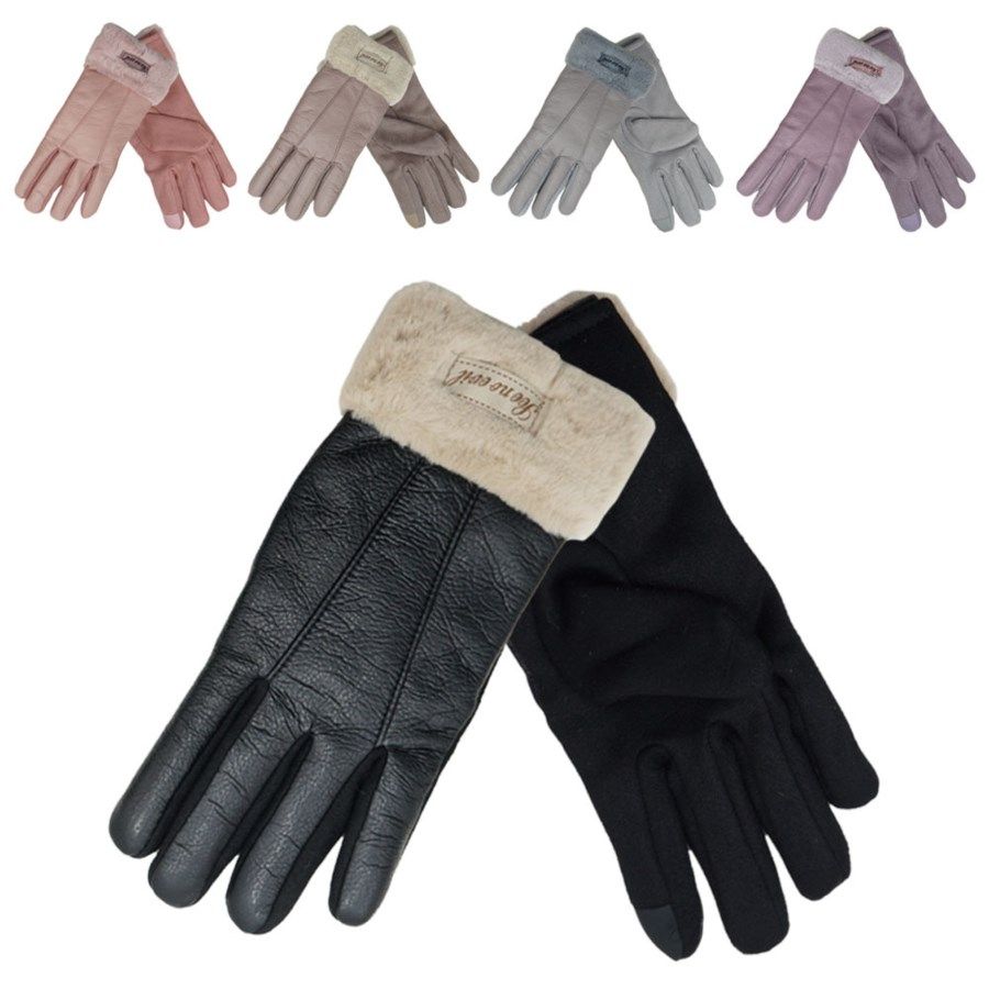 72 Pieces Women's Leather Like Winter Gloves With Plush Cuff - Ski Gloves