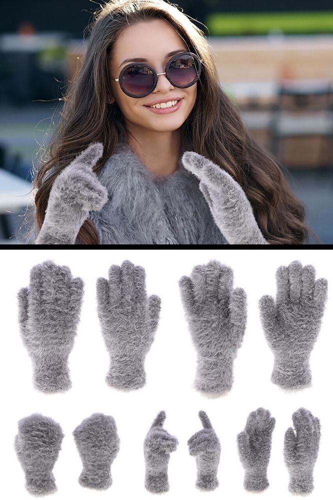 72 Pairs of Fuzzy Gray Fashion Winter Gloves