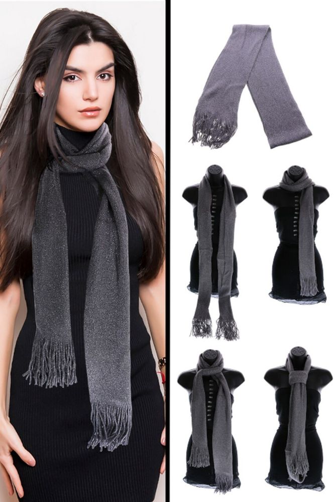 36 Pieces Gray Winter Scarf With Silver Metallic Threads - Winter Scarves