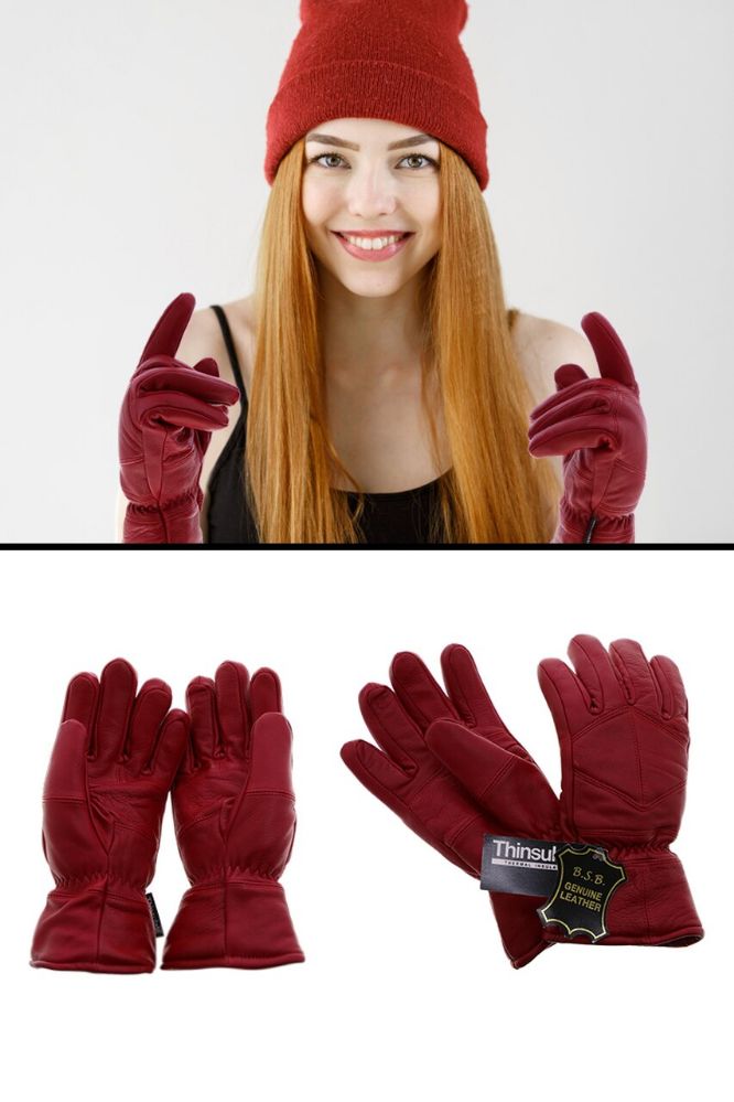 12 Pairs of Red Leather Insulated Winter Gloves