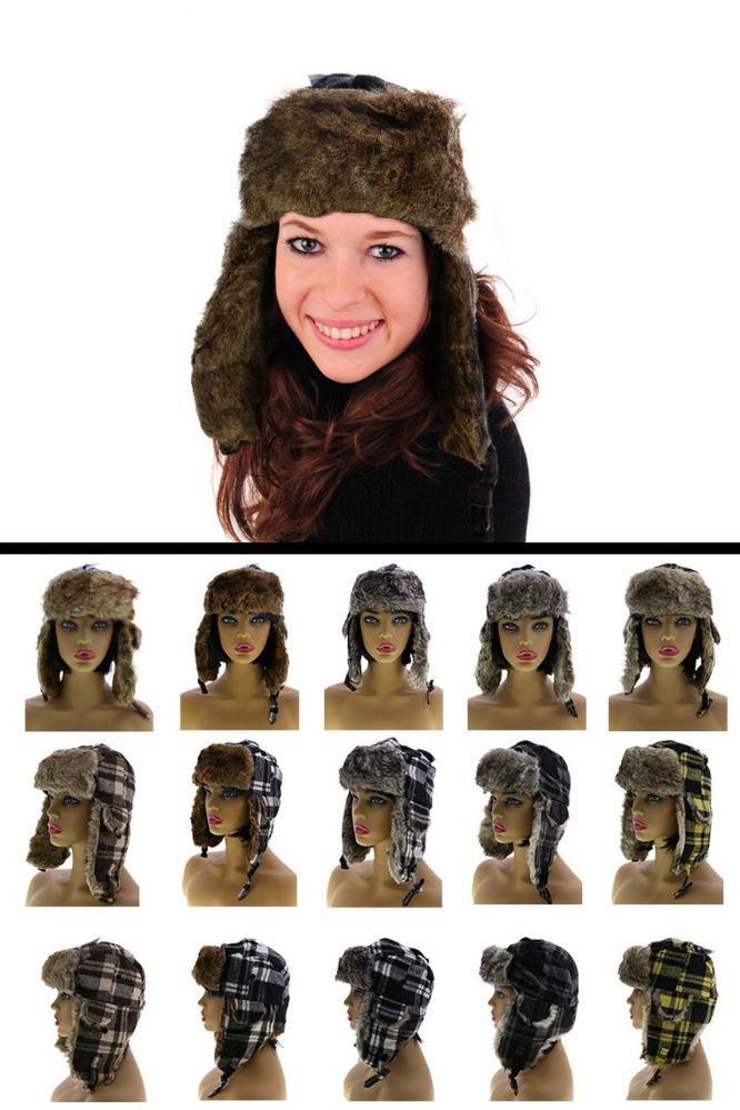 12 Wholesale Sizes Vary Plaid Synthetic Fur Lining Trapper Hat