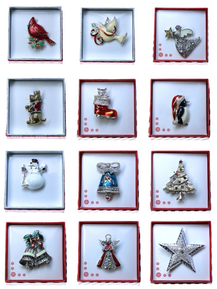 24 Wholesale Christmas Holiday Pin Gift Box Assortment at