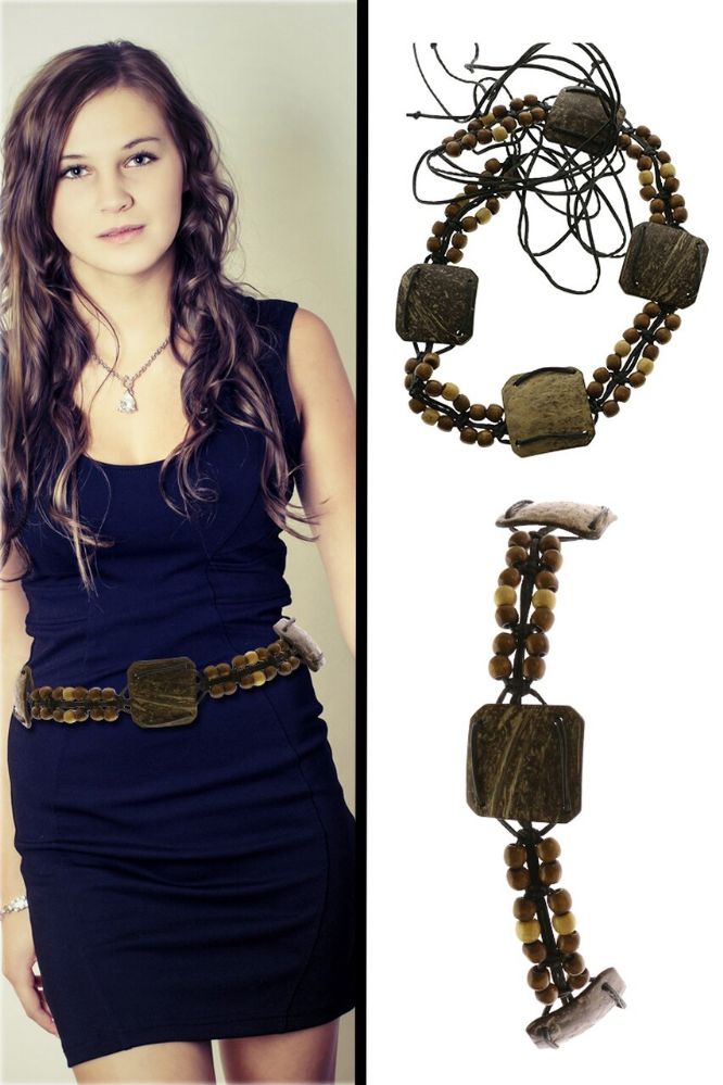 48 Wholesale Brown Fashion String Belt With Wooden Bead Accents at