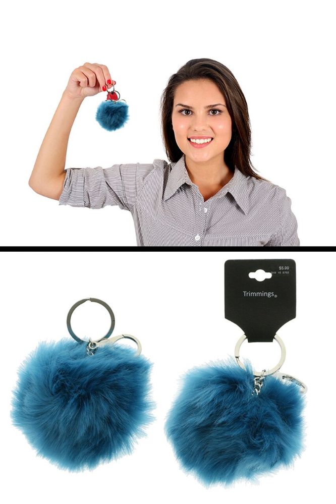 96 Pieces Blue Fuzzy Faux Fur PoM-Pom Key Chain - Key Chains