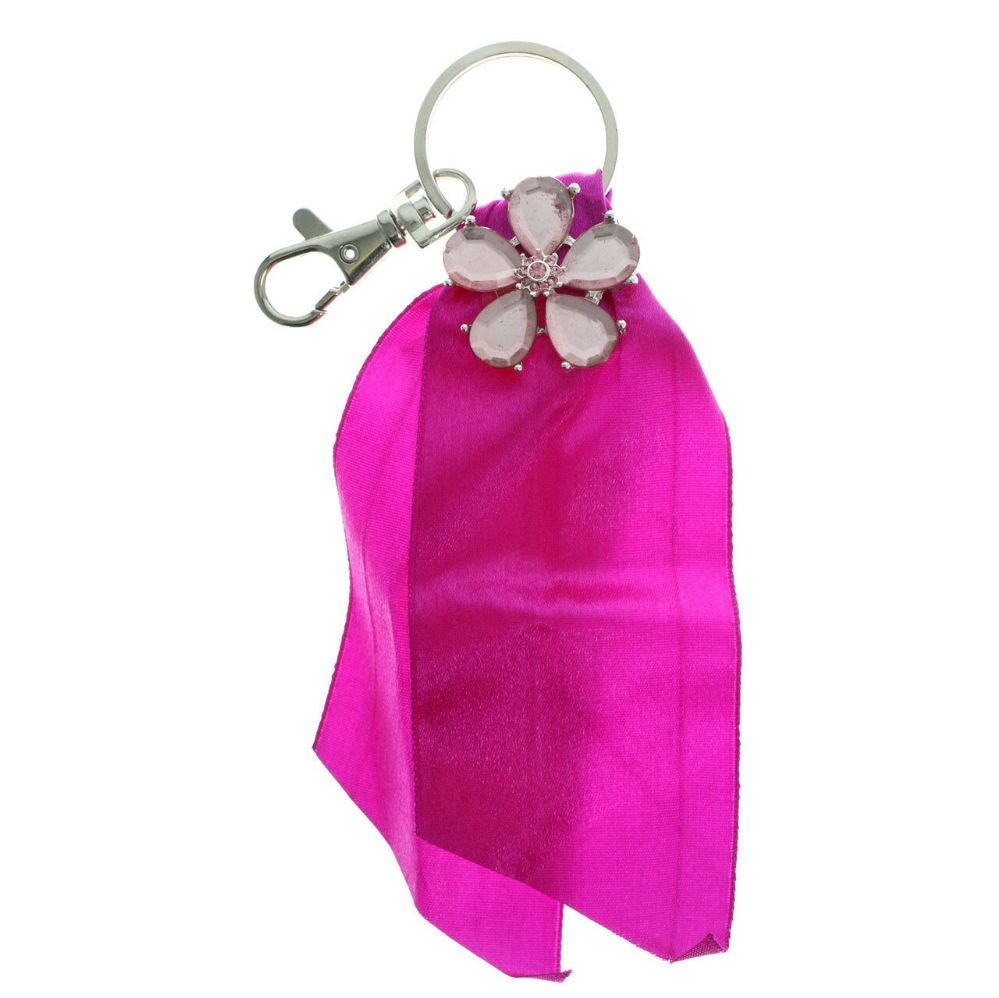 96 Wholesale Pink Ribbon Keychain With Flower Accents at