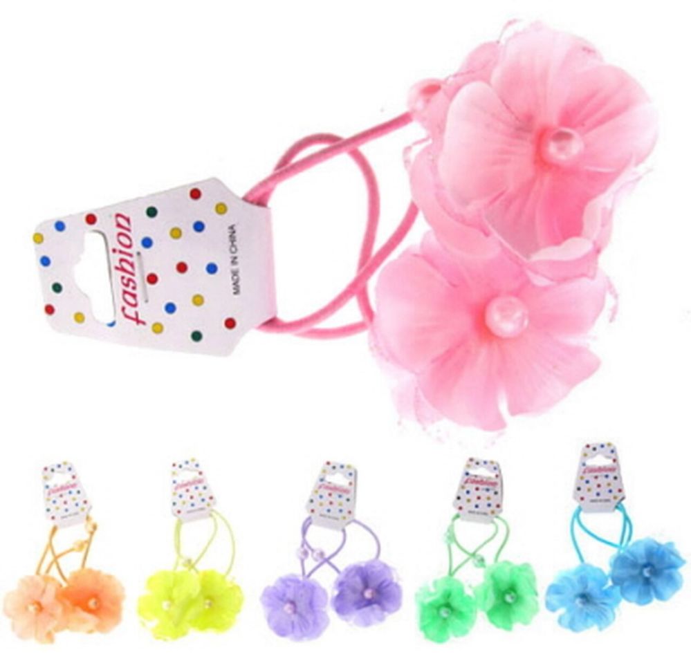 96 Pieces Childrens Pony Tail Holders With Assorted Color Fabric Flower - PonyTail Holders