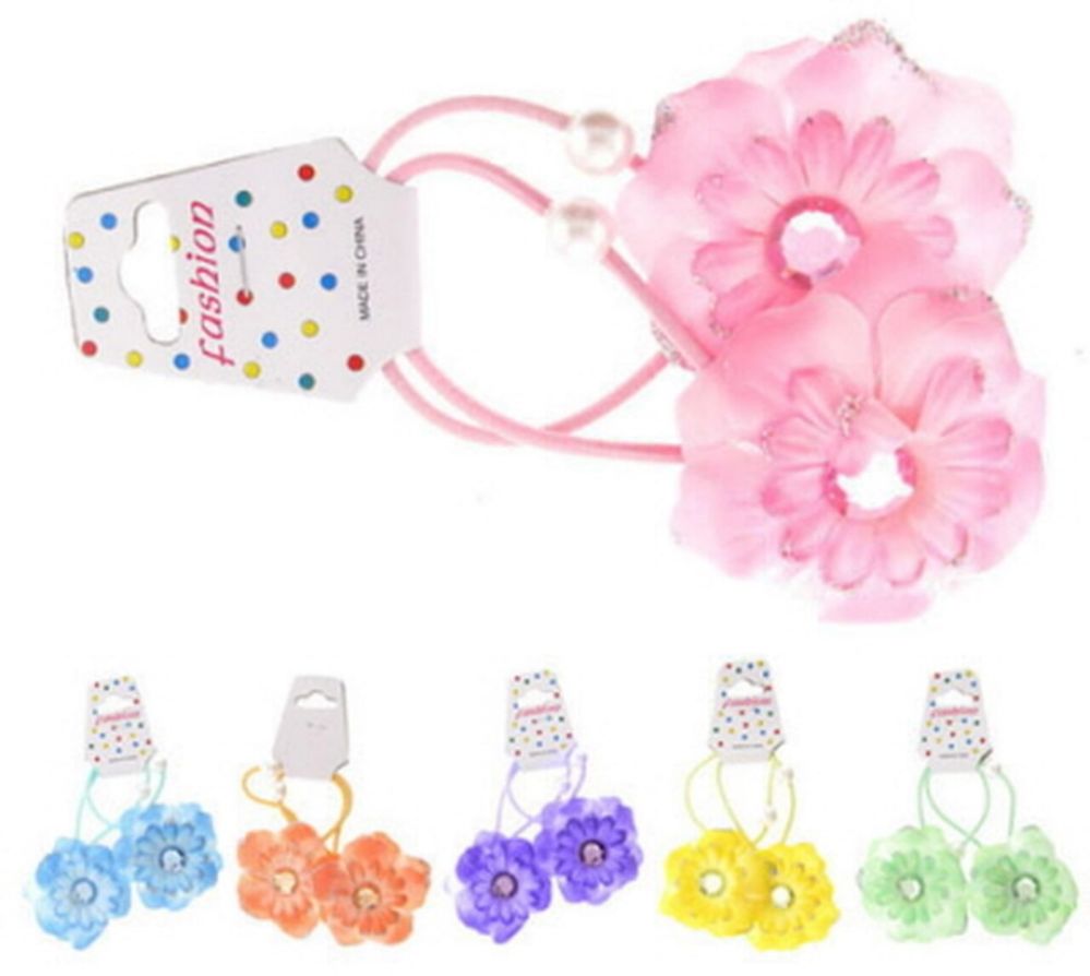 96 Pieces Childrens Pony Tail Holders With Assorted Color Fabric Flower
