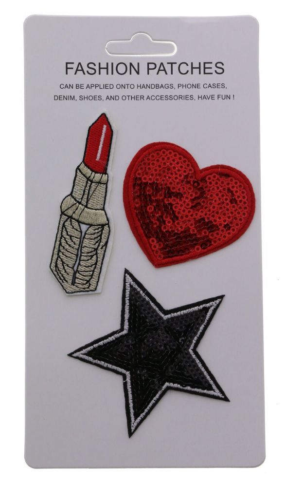 96 Wholesale Sequin Fashion Patches Heart Star And Lipstick