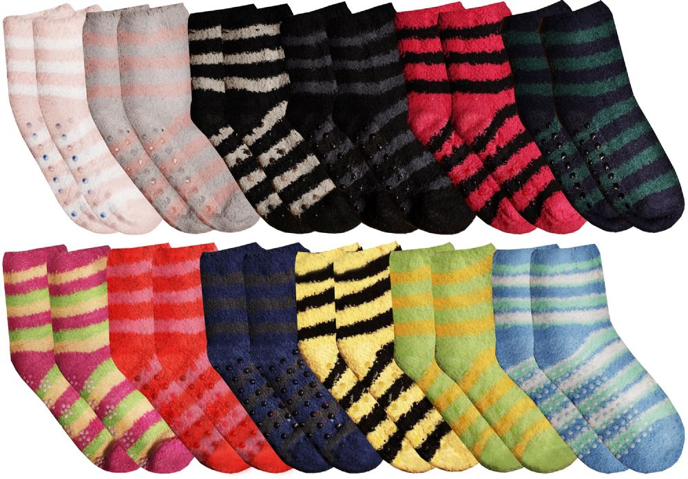 24 Pairs of Yacht & Smith Womens Cozy Warm Fuzzy Gripper Socks, Assorted Stripes