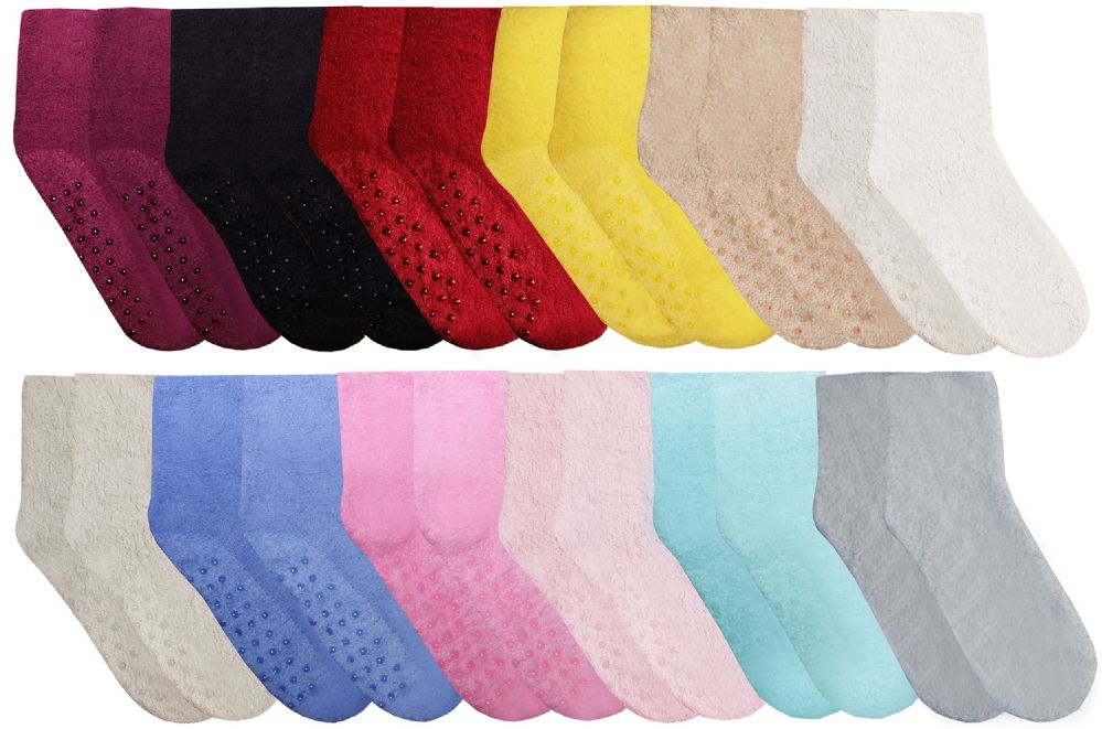 24 Pairs Yacht & Smith Women's Solid Color Gripper Fuzzy Socks Assorted Colors, Size 9-11 - Womens Fuzzy Socks