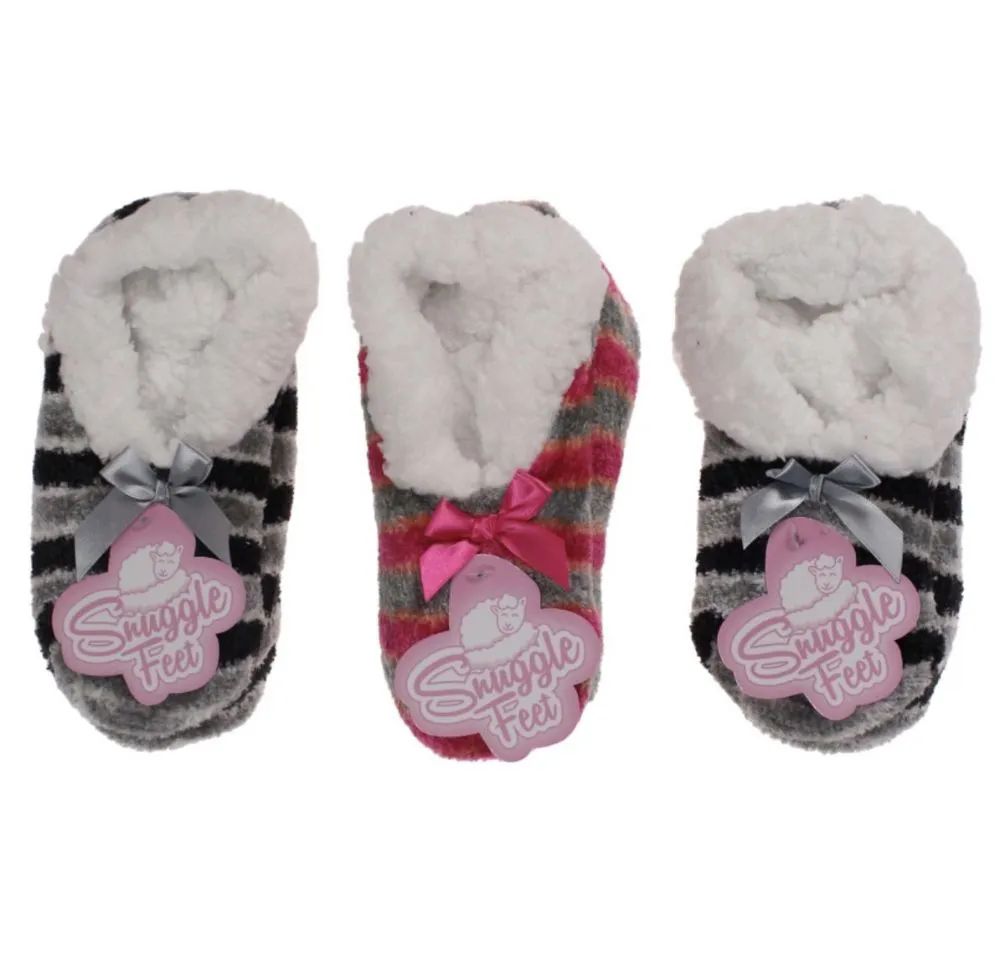 36 Pieces of Girls Snuggle Feet Chenille Striped Slipper With Sherpa Lining